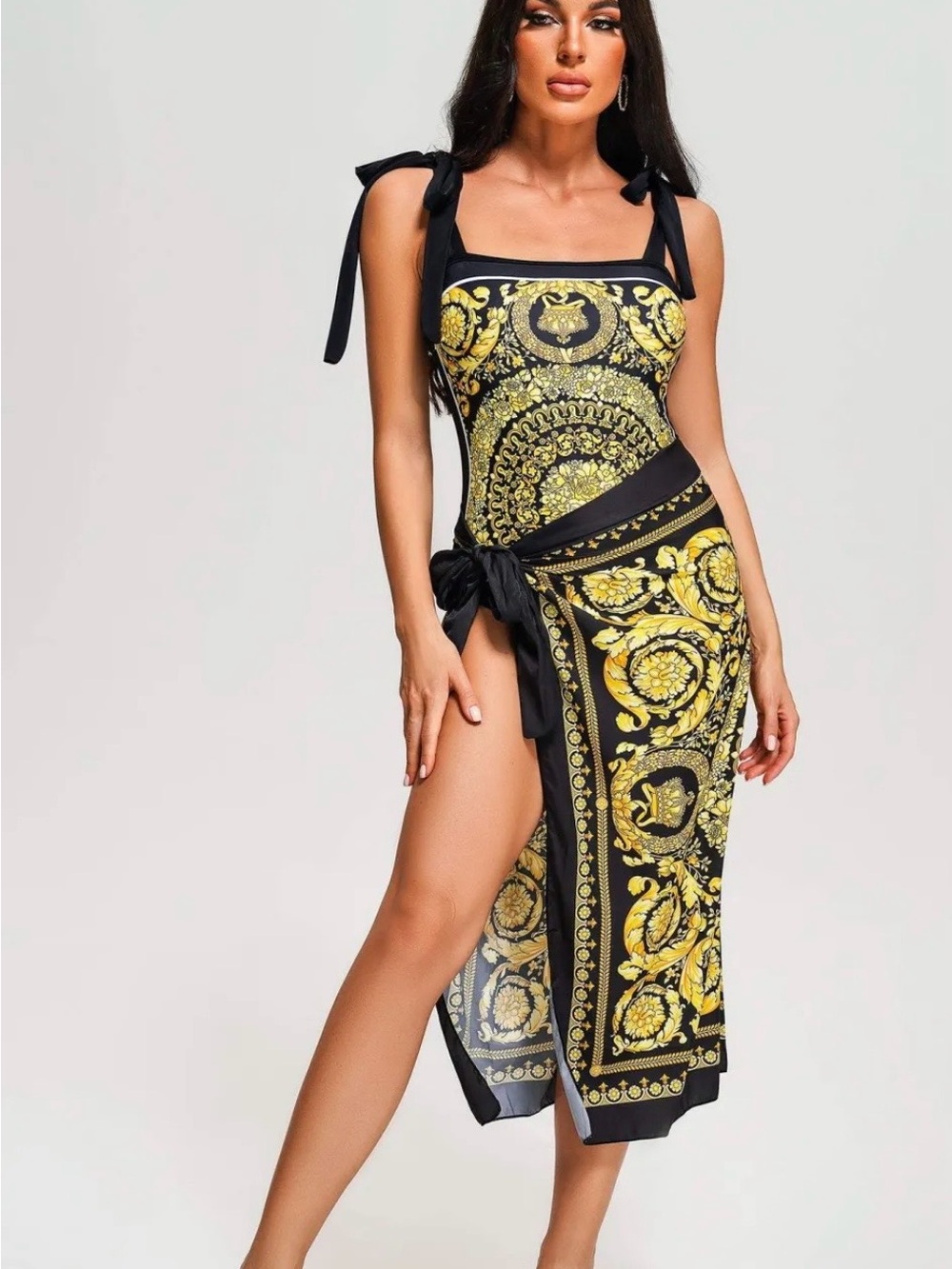 Black & Gold Tie-Shoulder One-Piece Swimsuit with Sarong